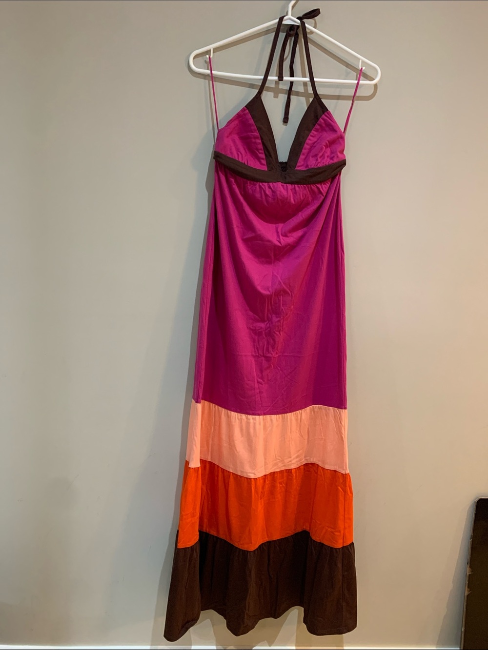 VINTAGE - Roxy Pink Halter Maxi Dress with Orange & Brown